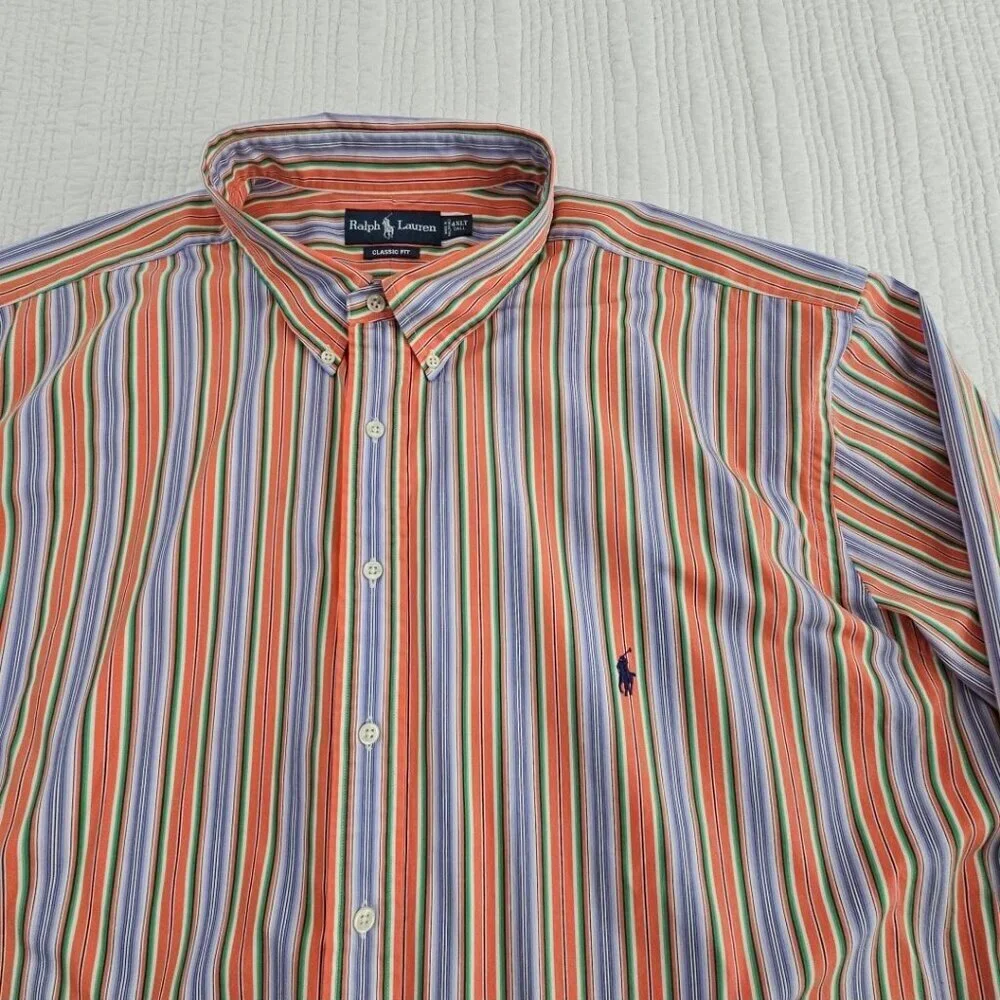 Polo Ralph Lauren Classic Fit Button‎ Down Shirt Men's 4XLT Orange Blue Stripe